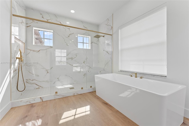 bathroom featuring wood-type flooring and plus walk in shower