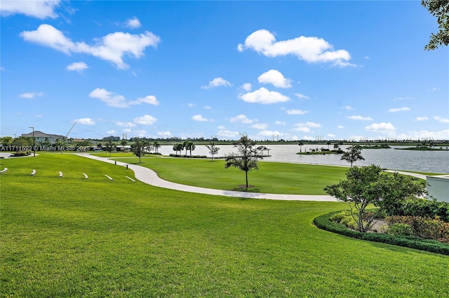 view of property's community featuring a water view and a yard