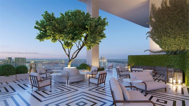 patio terrace at dusk with outdoor lounge area