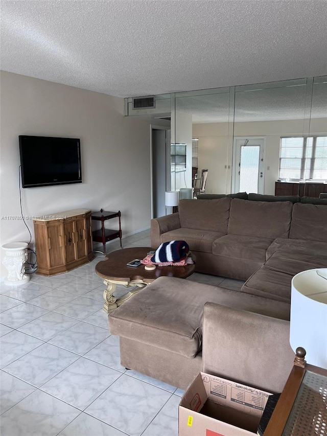 living room featuring a textured ceiling