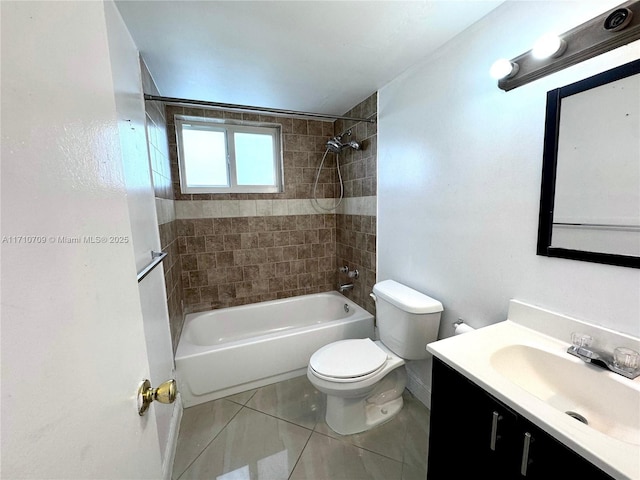 full bathroom with tiled shower / bath combo, vanity, tile patterned floors, and toilet