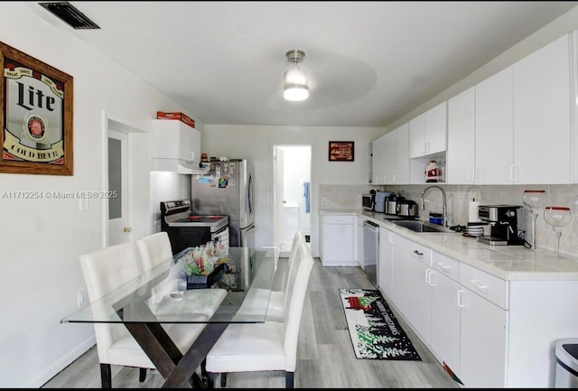 kitchen featuring tasteful backsplash, white cabinetry, sink, and appliances with stainless steel finishes