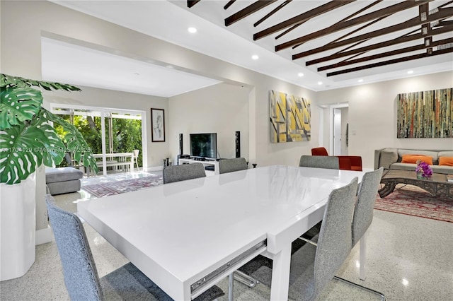 9008 Dickens Ave, Surfside, FL 33154 - dining area featuring dark aggregate flooring, recessed lighting, and beamed ceiling