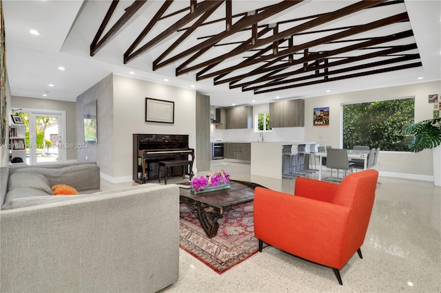 living room featuring sink and vaulted ceiling