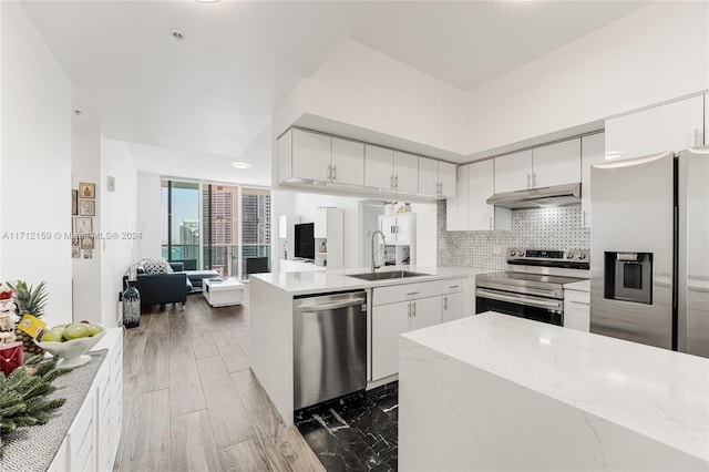 kitchen with sink, dark hardwood / wood-style floors, light stone countertops, appliances with stainless steel finishes, and white cabinetry