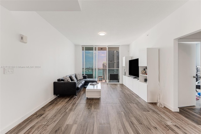 living room with light hardwood / wood-style floors and a wall of windows