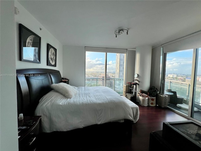 bedroom featuring dark hardwood / wood-style floors and access to exterior