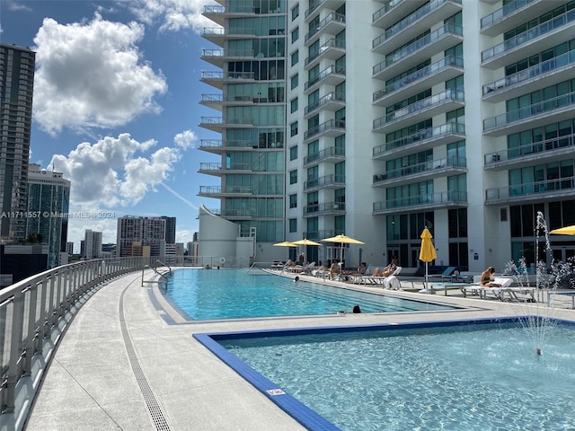 view of pool featuring pool water feature