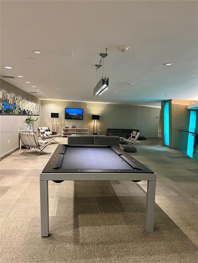 playroom with carpet flooring and pool table