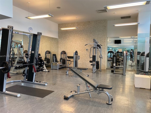 workout area featuring a high ceiling