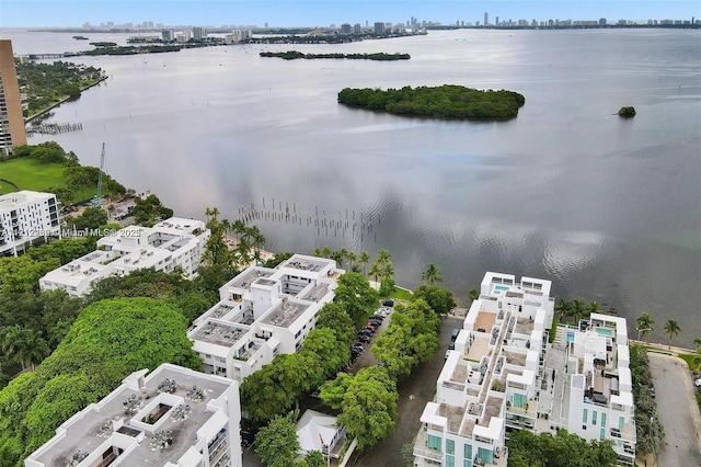 bird's eye view with a water view