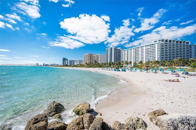 property view of water featuring a view of the beach