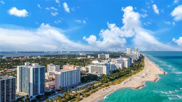 aerial view featuring a view of the beach and a water view