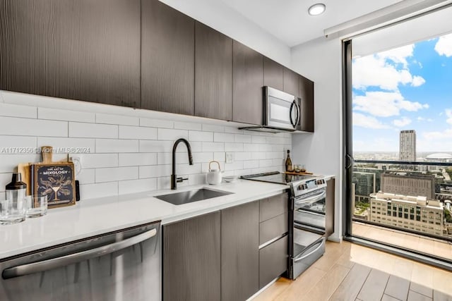 kitchen with dark brown cabinetry, sink, light hardwood / wood-style flooring, backsplash, and appliances with stainless steel finishes