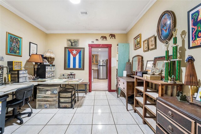 office area featuring light tile patterned floors and ornamental molding