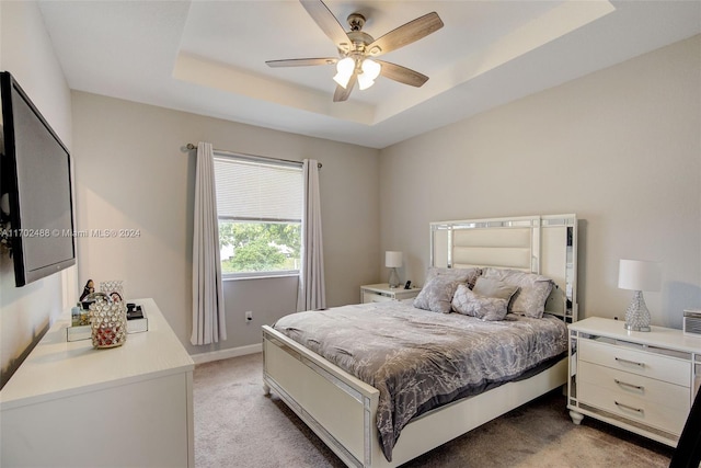 bedroom featuring a raised ceiling, ceiling fan, and carpet