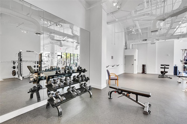 gym featuring a towering ceiling