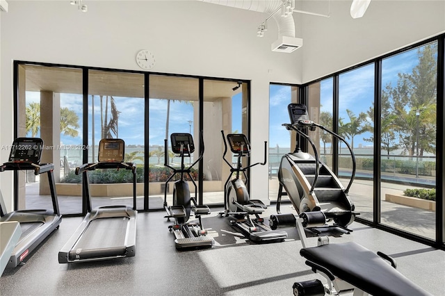 exercise room with floor to ceiling windows and a wealth of natural light