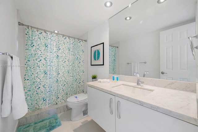 bathroom featuring a shower with curtain, tile patterned flooring, vanity, and toilet