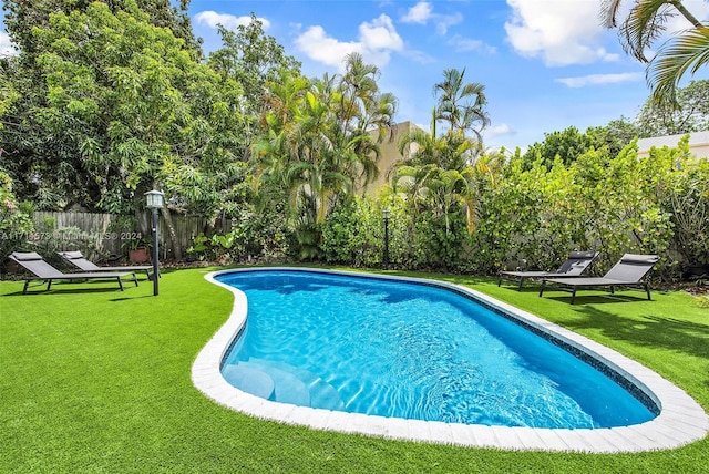 view of swimming pool with a lawn