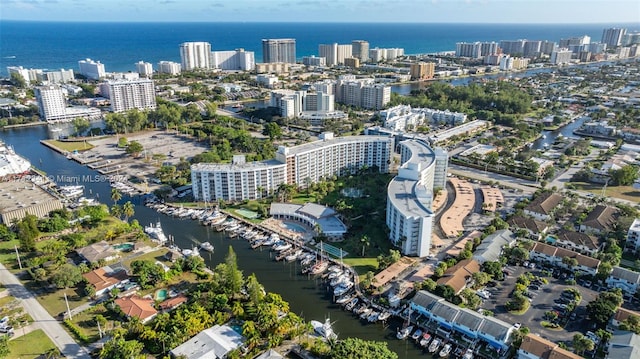 bird's eye view with a water view