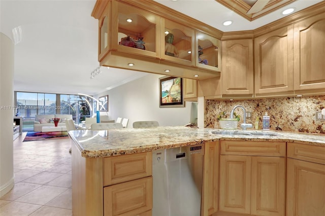 kitchen featuring dishwasher, light brown cabinets, sink, kitchen peninsula, and ornamental molding