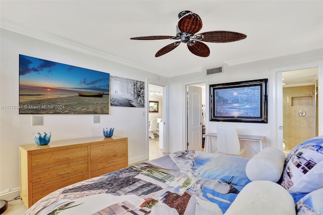 bedroom with connected bathroom, ceiling fan, and ornamental molding