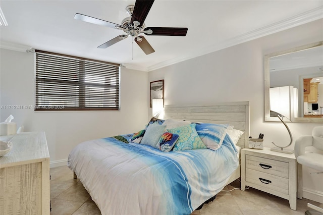 tiled bedroom featuring ceiling fan and ornamental molding