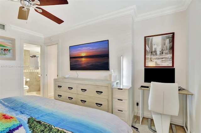 bedroom featuring ensuite bathroom, ceiling fan, and crown molding