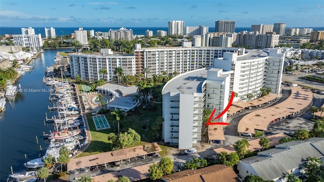 drone / aerial view featuring a water view