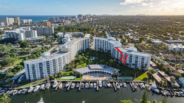 aerial view featuring a water view