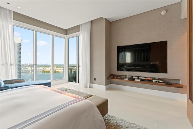 tiled bedroom with multiple windows