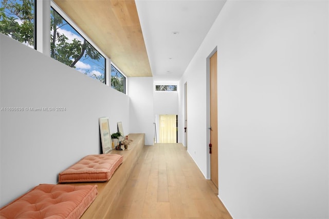 hallway with a towering ceiling and light hardwood / wood-style flooring