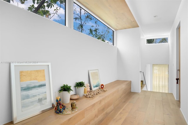 interior space featuring a high ceiling, a wealth of natural light, and hardwood / wood-style floors