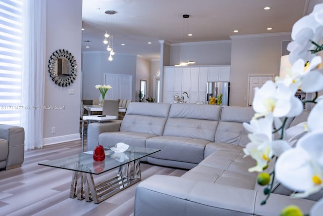 living room with light hardwood / wood-style flooring and ornamental molding