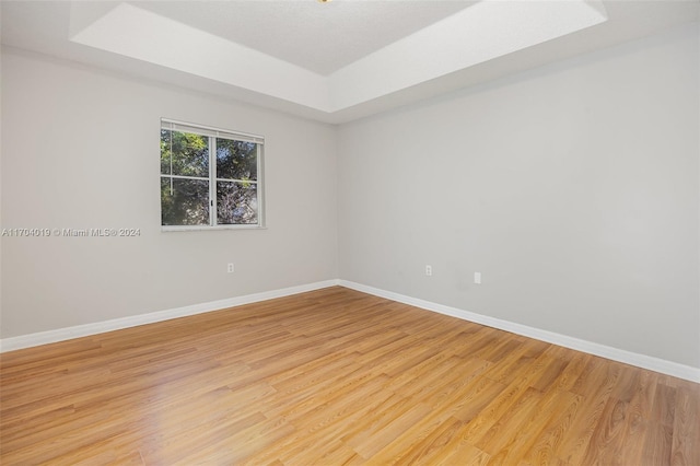 empty room with a raised ceiling and light hardwood / wood-style flooring