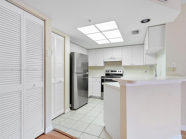 kitchen featuring kitchen peninsula, appliances with stainless steel finishes, sink, light tile patterned floors, and white cabinetry