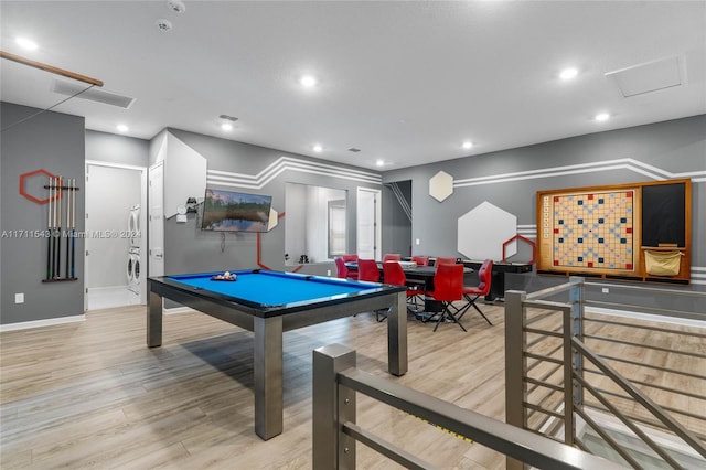 recreation room with light hardwood / wood-style flooring and billiards