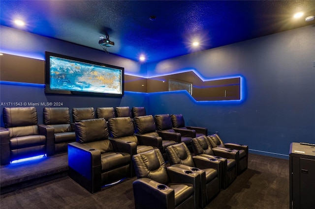 cinema room featuring dark colored carpet