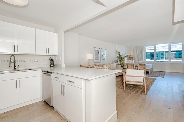 kitchen featuring kitchen peninsula, white cabinetry, sink, and stainless steel dishwasher