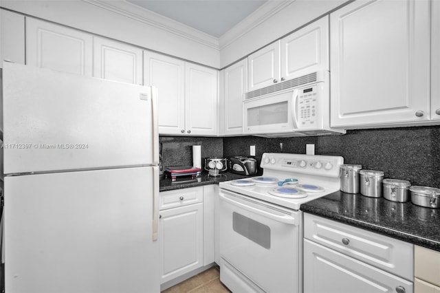 kitchen with white cabinetry, tasteful backsplash, crown molding, white appliances, and light tile patterned floors