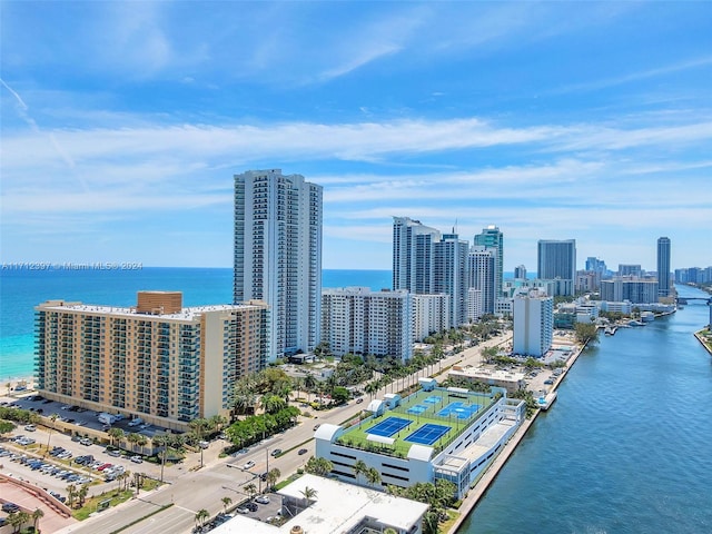 drone / aerial view with a water view