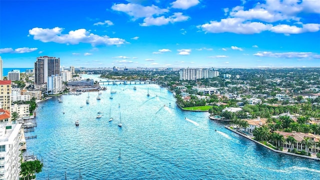 birds eye view of property featuring a water view