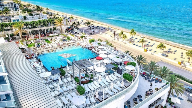 aerial view with a view of the beach and a water view