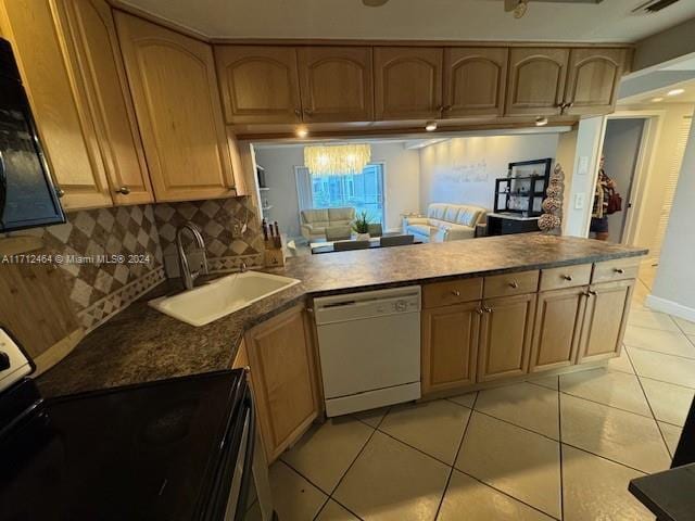 450 Golden Isles Dr Unit 1C, Hallandale Beach, FL 33009 - kitchen featuring dishwasher, electric stove, light tile patterned floors, a peninsula, and decorative backsplash