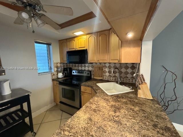 kitchen with decorative backsplash, ceiling fan, sink, stainless steel electric range, and light tile patterned flooring