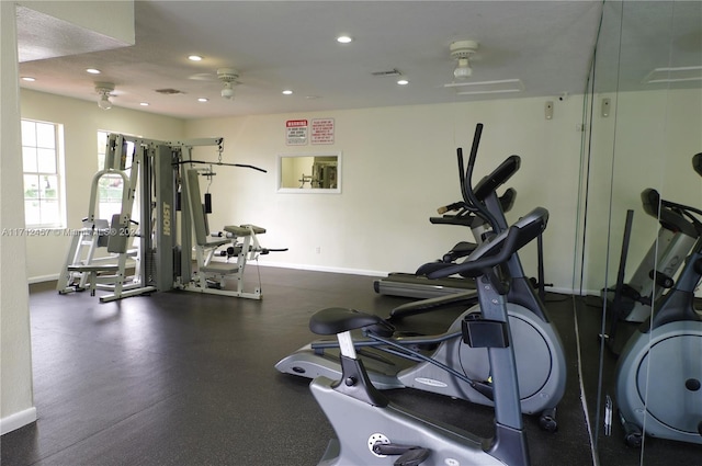 gym featuring ceiling fan