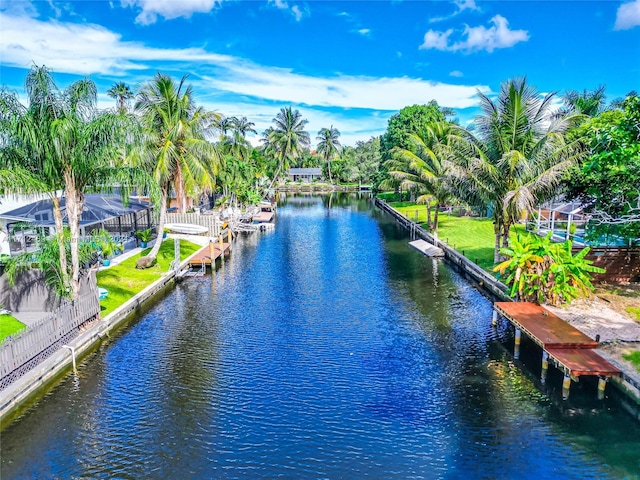 view of water feature with a dock