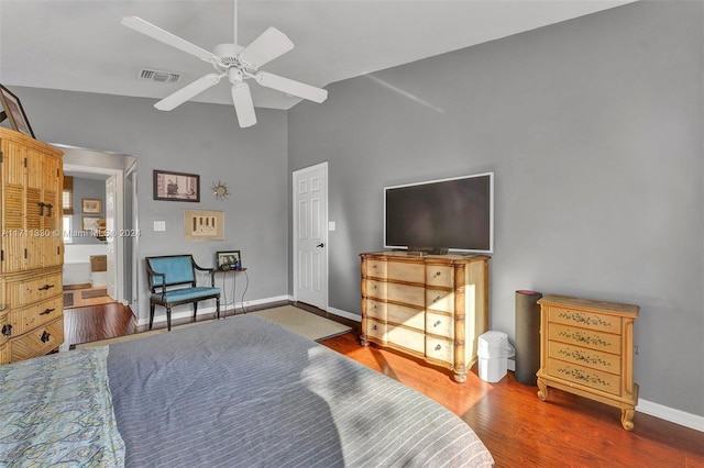 bedroom featuring ceiling fan, high vaulted ceiling, and hardwood / wood-style flooring