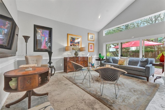 living room featuring high vaulted ceiling